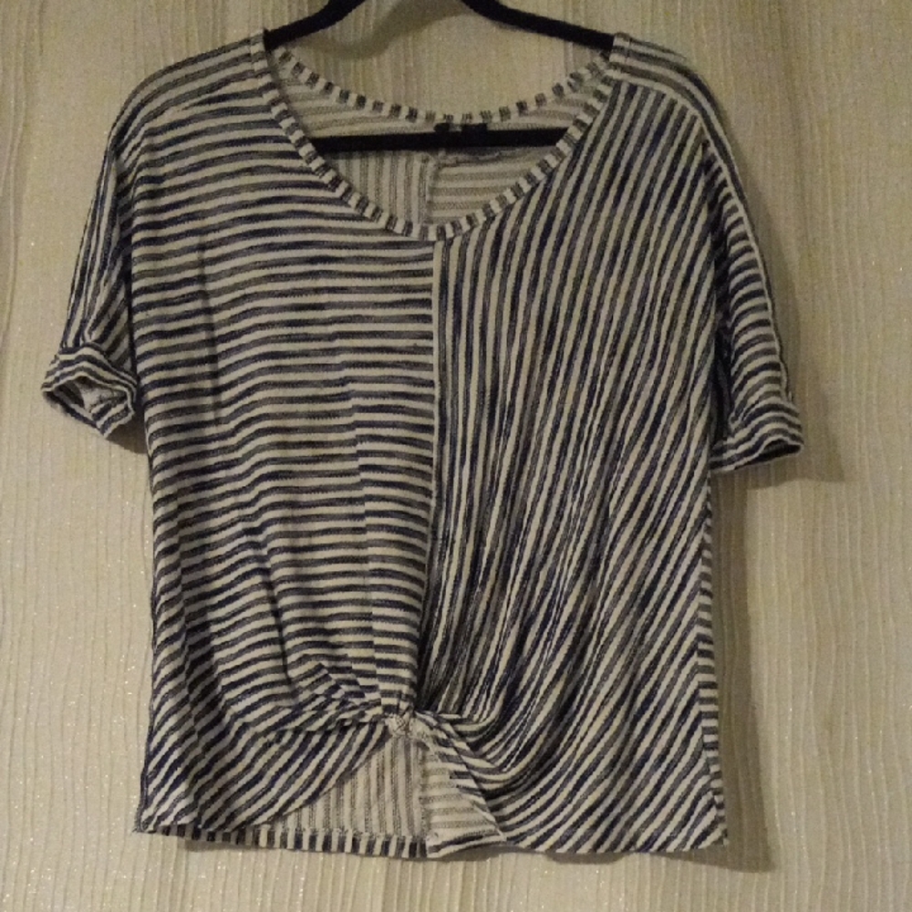 Striped Navy and White Knot-Front Women's Top